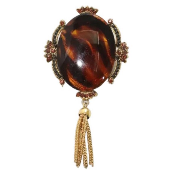 Vintage HOBE Faux Tortoiseshell Gold Tone Tassel Pin Brooch - Picture 5 of 5